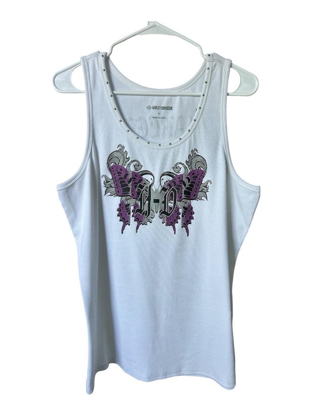 Harley-Davidson White Tank with Purple Butterfly and Studded Neckline